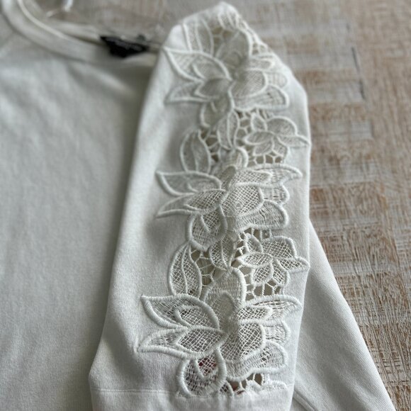 Ann Taylor Ivory/Creme/Beige Lace Short Sleeve Knit Top Cotton/Silk Blend LP - Picture 4 of 10